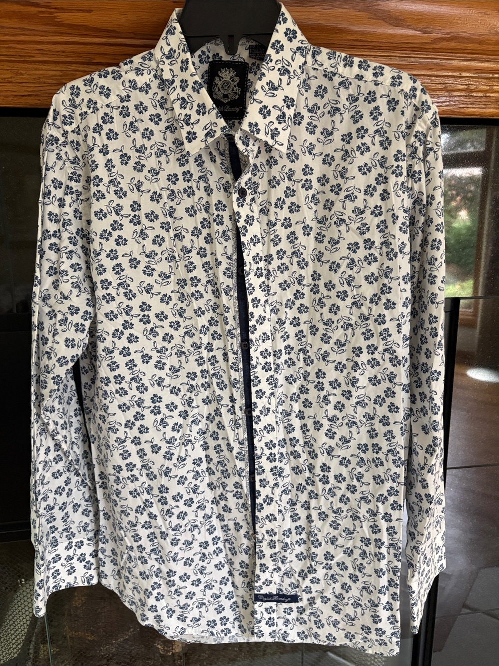 English Laundry White Shirt Navy Floral Print - Button Down contrast cuffs large
